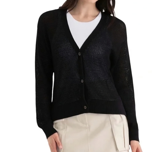 Uniqlo Black Sz XS Sheer Mesh Crochet Knited Open Button Down Cardigan Sweater - Picture 1 of 8